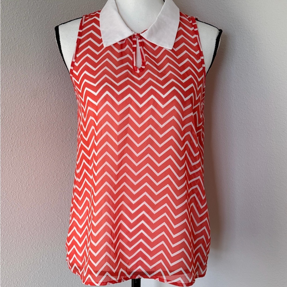 Coral & White Sheer Chevron Blouse with White Collar